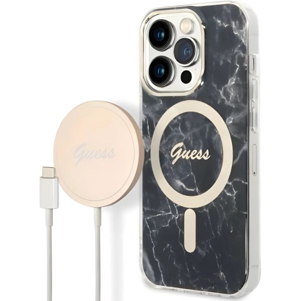Coque Guess iPhone 14 Pro 6,1" noir hard case Marble MagSafe + Wireless Charger