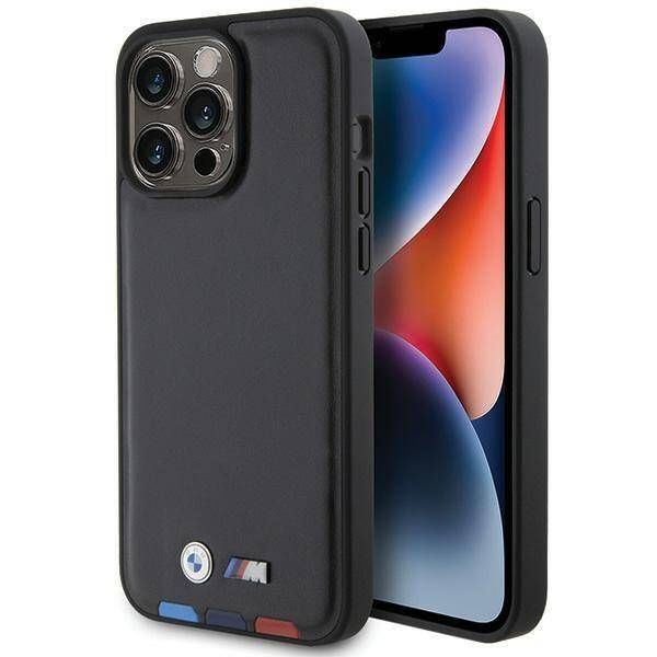 Coque BMW iPhone 15 Pro Max 6.7" noir Leather Stamp Tricolor