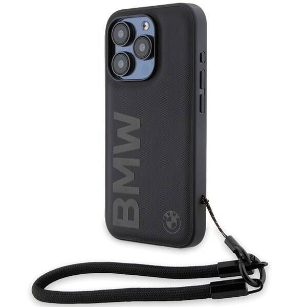 Coque BMW iPhone 15 Pro Max 6.7" noir hardcase Signature Leather Wordmark Cord