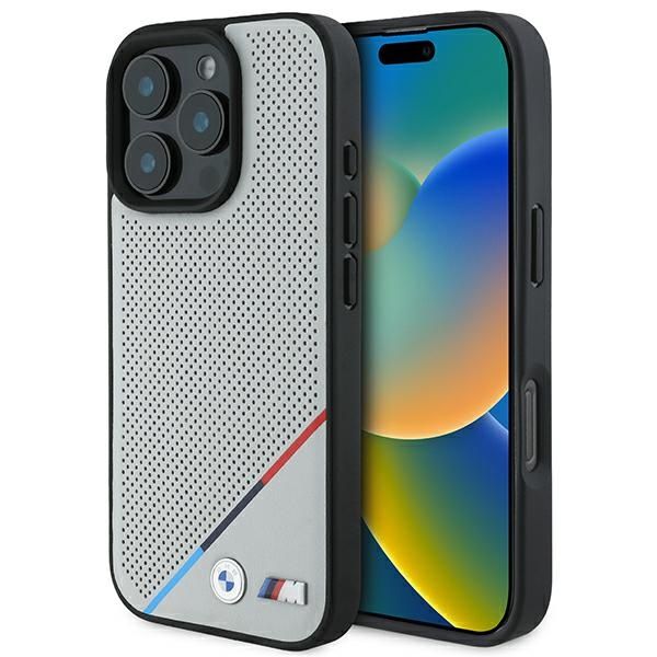 Coque BMW BMHMP16L23PUPDG iPhone 16 Pro 6.3" grey hardcase M Perforated Tricolor Line MagSafe