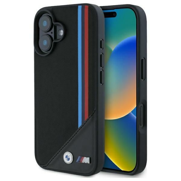 Coque BMW BMHMP16S23PUTRK iPhone 16 6.1" black hardcase M Meshed Tricolor Stripes MagSafe