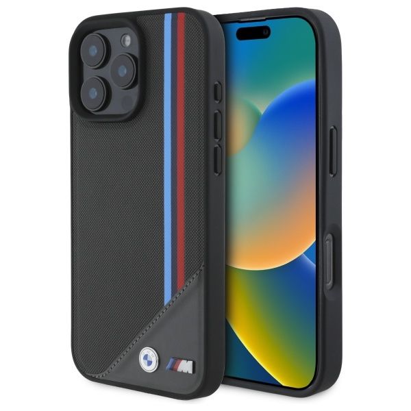 Coque BMW BMHMP16X23PUTRA iPhone 16 Pro Max 6.9" antracite hardcase M Meshed Tricolor Stripes MagSafe