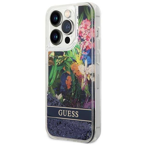 Coque Guess iPhone 14 Pro Max 6,7" bleu hardcase Flower Liquid Glitter