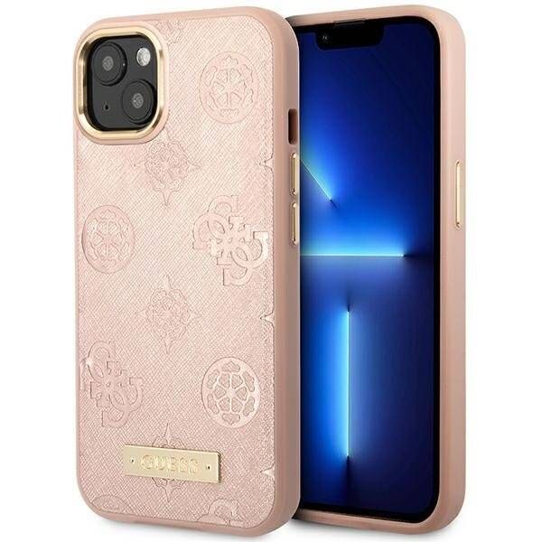 Coque Guess iPhone 14/15/13 6.1" rose hardcase Peony Logo Plate MagSafe