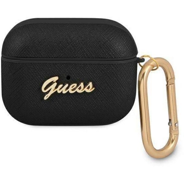 Coque Guess GUAPSASMK AirPods Pro noir Saffiano Script Metal Collection