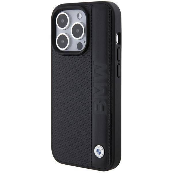 Coque BMW iPhone 15 Pro 6.1" noir hardcase Leather Textured & Stripe