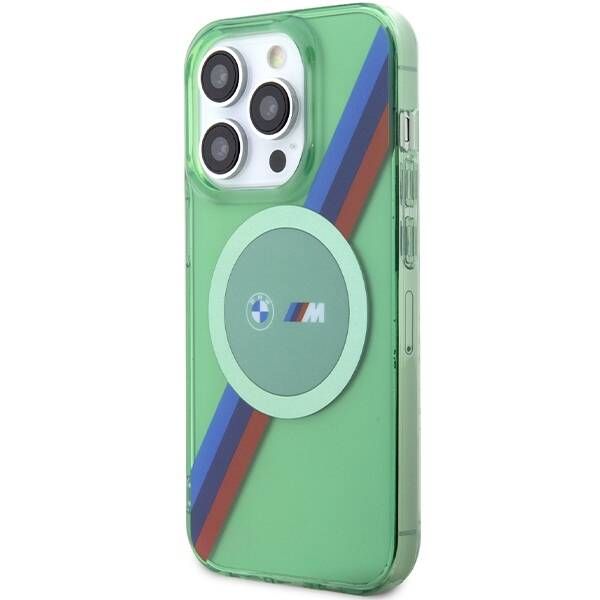 Coque BMW iPhone 15 Pro 6.1" vert hardcase M Tricolor Stripes MagSafe