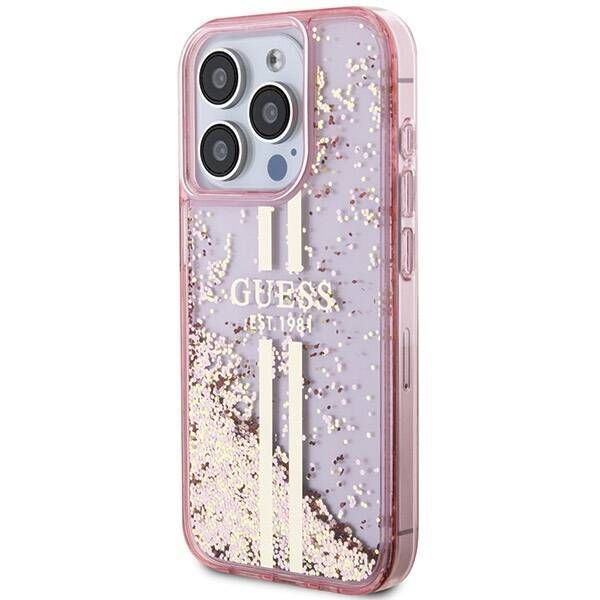 Coque Guess iPhone 15 Pro 6.1" rose hardcase Liquid Glitter Gold Stripes
