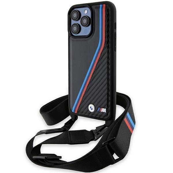 Coque BMW iPhone 15 Pro Max 6.7" noir hardcase M Edition Carbon Tricolor Lines & Strap