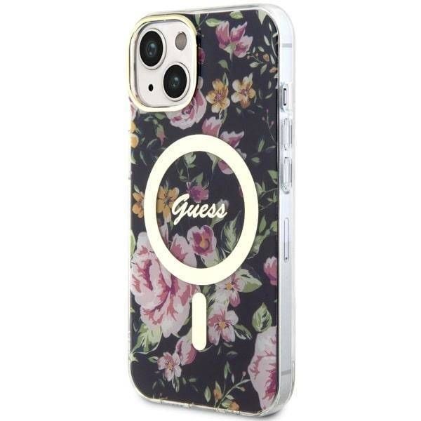 Coque Guess iPhone 14/15/ 3 6.1" noir hardcase Flower MagSafe