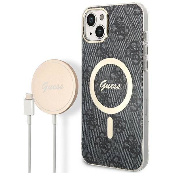 Coque Guess iPhone 14 Plus/15 Plus 6.7" noir hard case 4G Print MagSafe + Wireless Charger