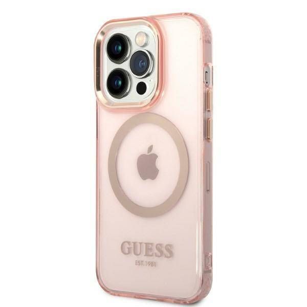 Case Guess iPhone 14 Pro 6,1" pink hard case Gold Outline Translucent MagSafe
