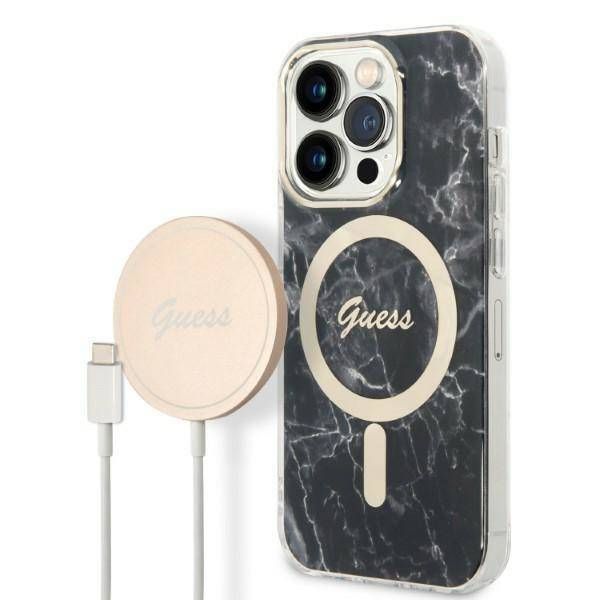 Case Guess iPhone 14 Pro 6,1" black hard case Marble MagSafe + Wireless Charger