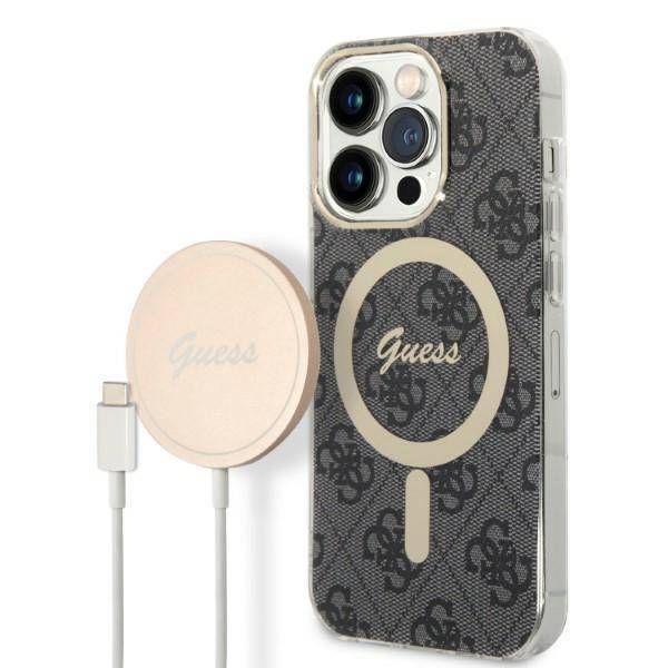 Case Guess iPhone 14 Pro 6,1" black hard case 4G Print MagSafe + Wireless Charger