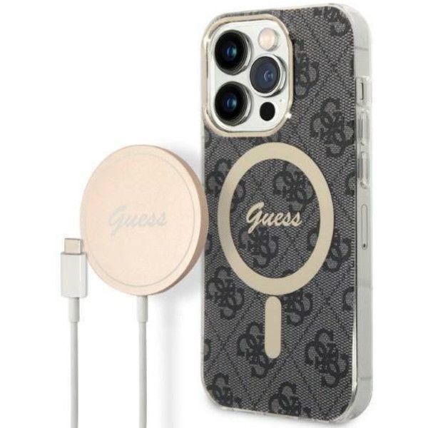 Coque Guess iPhone 14 Pro Max 6,7" noir hard case 4G Print MagSafe + Wireless Charger