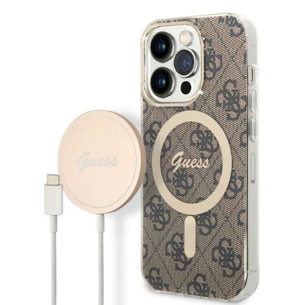 Case Guess iPhone 14 Pro 6,1" brown hard case 4G Print MagSafe + Wireless Charger
