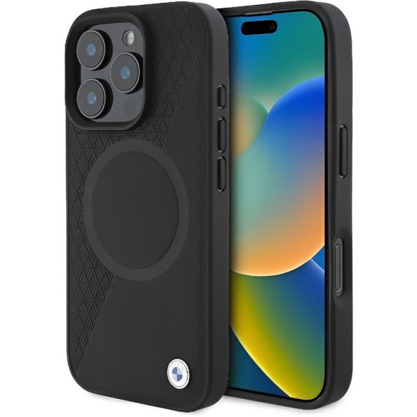 Coque BMW iPhone 16 Pro Hardcase Signature Leather Half Textured & Circle MagSafe (BMHMP16L23RTPK) noir