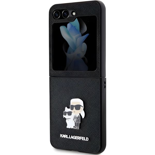 Coque Karl Lagerfeld KLHCZF5SAKCNPK Samsung Galaxy Z Flip5 F731 hardcase noir Saffiano Karl&Choupette Pin