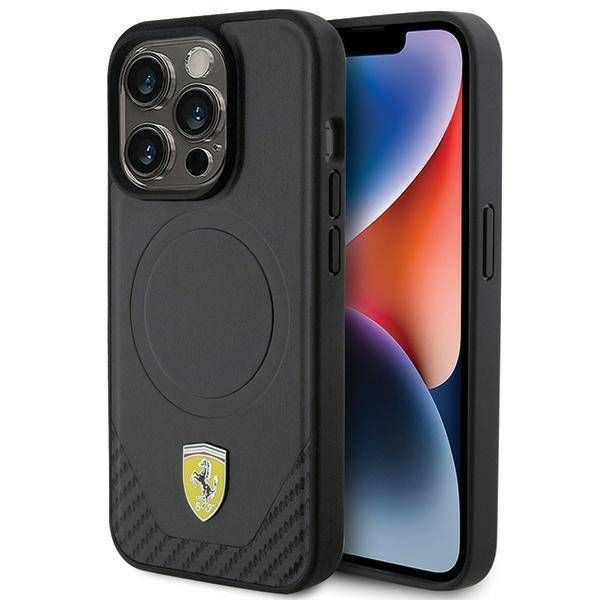 Coque Ferrari iPhone 15 Pro 6.1" noir hardcase Carbon Metal Logo MagSafe