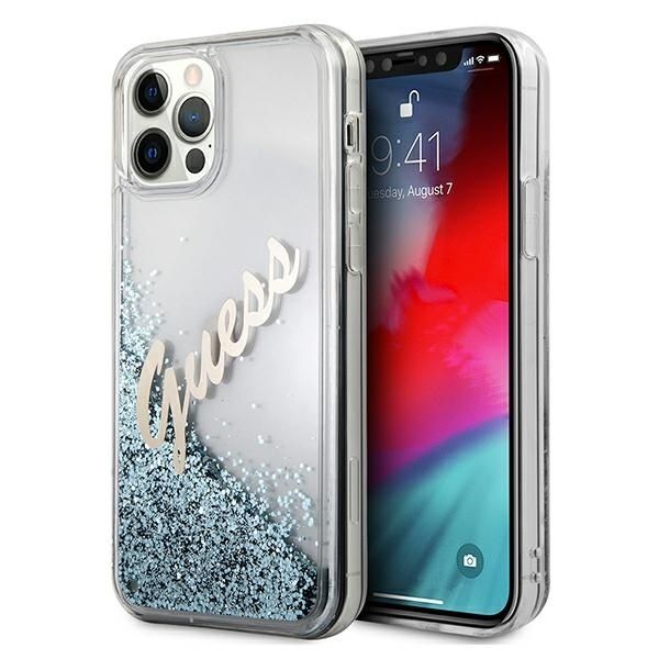 Coque Guess GUHCP12LGLVSBL iPhone 12 Pro Max 6,7" blue hardcase Glitter Vintage Script