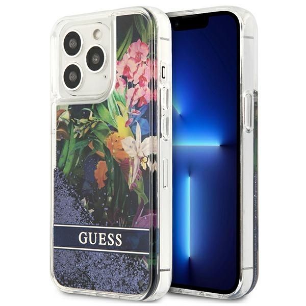 Coque Guess GUHCP13XLFLSB iPhone 13 Pro Max 6,7" blue hardcase Flower Liquid Glitter
