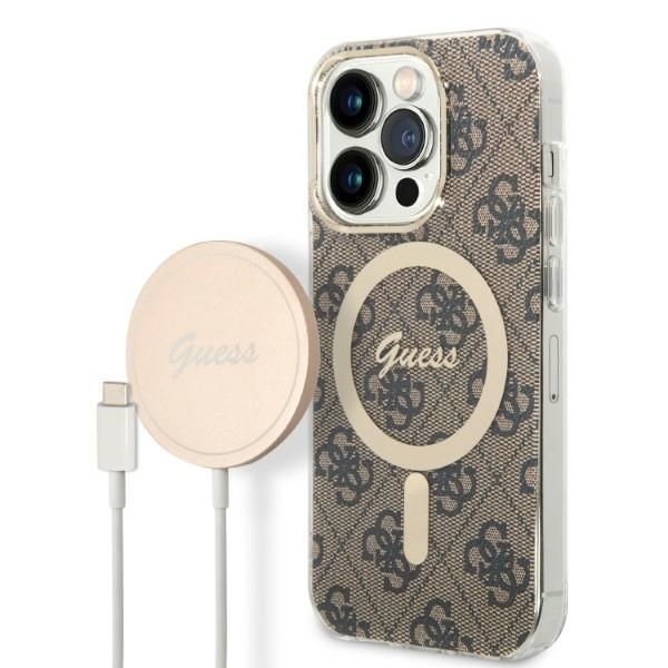 Coque Zestaw Guess GUBPP14XH4EACSW Case+ Charger iPhone 14 Pro Max 6,7" brown hard case 4G Print MagSafe