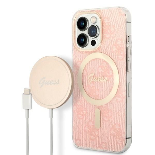 Coque Zestaw Guess GUBPP13XH4EACSP Case+ Charger iPhone 13 Pro Max pink hard case 4G Print MagSafe