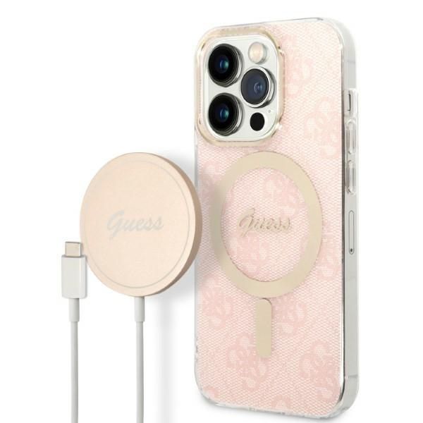 Coque Zestaw Guess GUBPP14XH4EACSP Case+ Charger iPhone 14 Pro Max 6,7" pink hard case 4G Print MagSafe