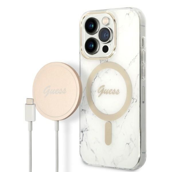 Coque Zestaw Guess GUBPP14XHMEACSH Case+ Charger iPhone 14 Pro Max 6,7" white hard case Marble MagSafe