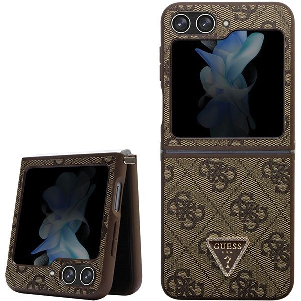 Coque Guess GUHCZF5P4TDPW F731 Z Flip5 brown hardcase Leather 4G Triangle Strass