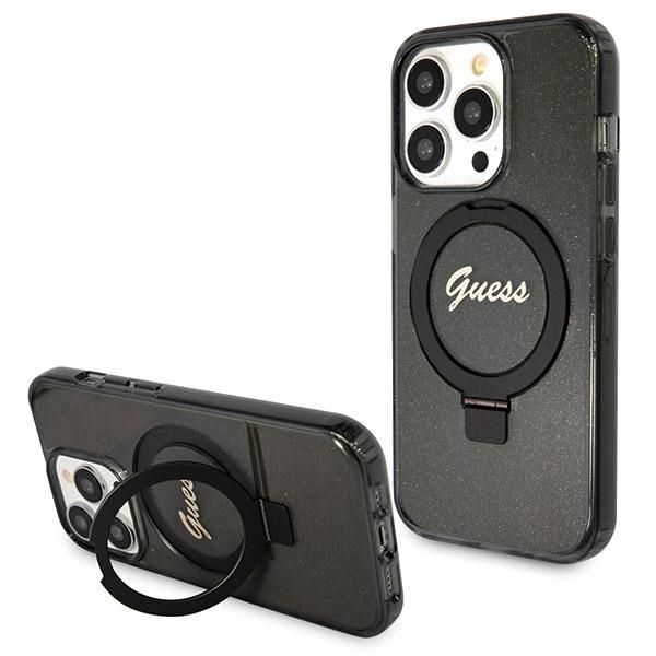 Coque Guess GUHMP13XHRSGSK iPhone 13 Pro Max 6.7" black hardcase Ring Stand Script Glitter MagSafe