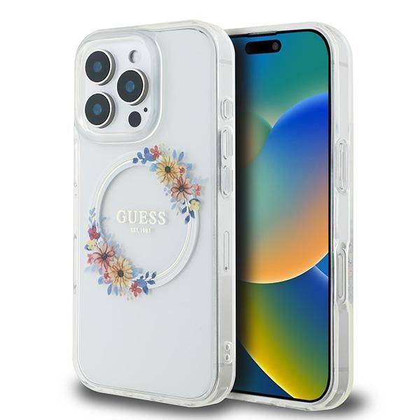 Coque Guess GUHMP16LHFWFCT iPhone 16 Pro 6.3" transprent hardcase IML Flowers Wreath MagSafe