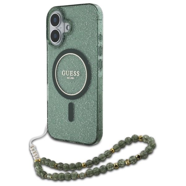 Coque Guess GUHMP16MHGCRELSA iPhone 16 Plus 6.7" green hardcase IML Glitter With Pearl Strap MagSafe