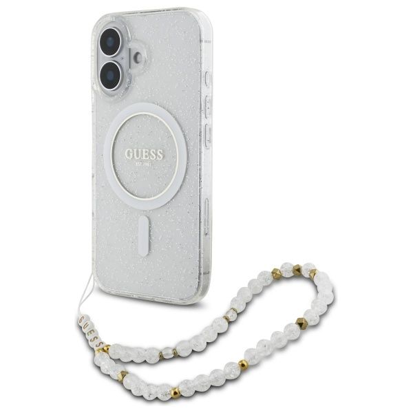 Coque Guess GUHMP16SHGCRELST iPhone 16 6.1" transparent hardcase IML Glitter With Pearl Strap MagSafe
