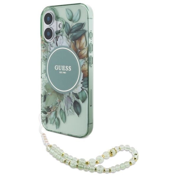 Coque Guess GUHMP16MHFWBRCESN iPhone 16 Plus 6.7" green hardcase IML Flowers With Pearl Strap MagSafe