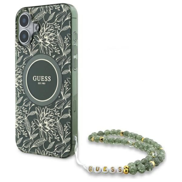 Coque Guess GUHMP16MHCPOFPA iPhone 16 Plus 6.7" green hardcase IML Flowers Allover Electro With Pearl Strap MagSafe