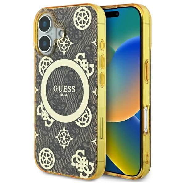 Coque Guess GUHMP16SH4PYEEW iPhone 16 6.1" brown hardcase IML Peony On 4G Background MagSafe