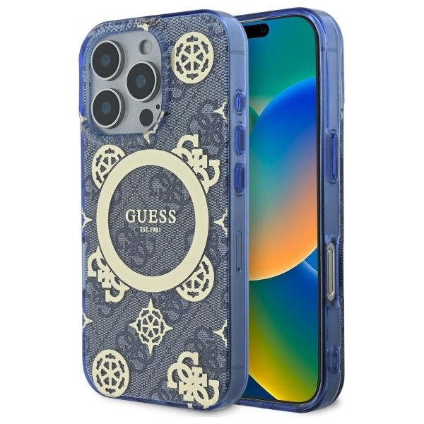 Coque Guess GUHMP16LH4PYEEB iPhone 16 Pro 6.3" blue hardcase IML Peony On 4G Background MagSafe