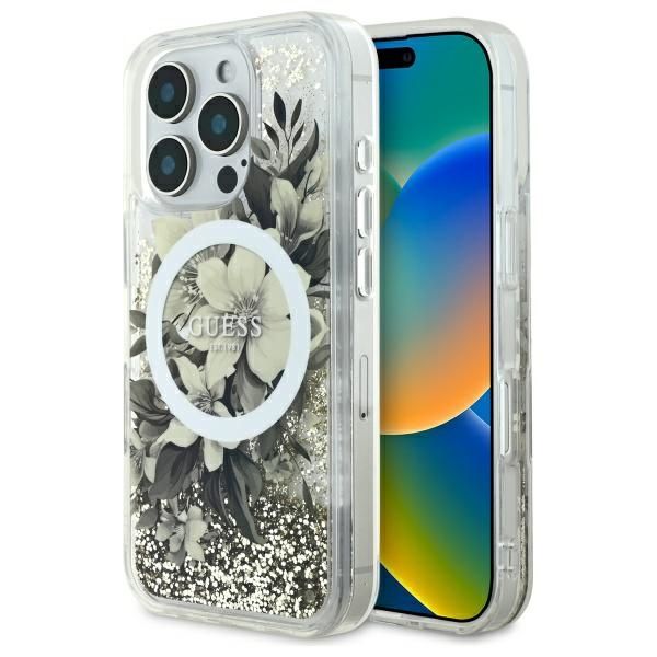 Coque Guess GUHMP16LLFMWTE iPhone 16 Pro 6.3" beige hardcase Liquid Glitter Flower MagSafe