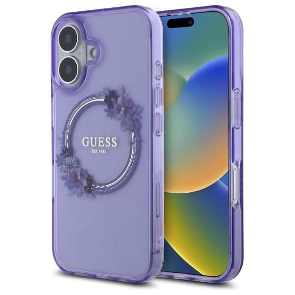 Coque Guess GUHMP16SHFWFCU iPhone 16 6.1" purple hardcase IML Flowers Wreath MagSafe