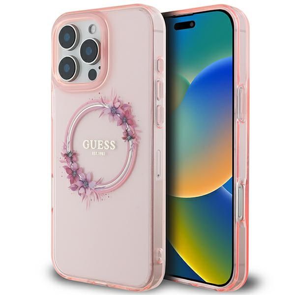 Coque Guess GUHMP16XHFWFCP iPhone 16 Pro Max 6.9" pink hardcase IML Flowers Wreath MagSafe