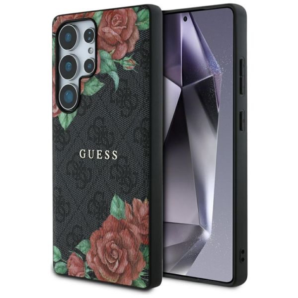 Coque Guess Leather 4G Flowers Print Metal Classic Logo MagSafe Case Samsung Galaxy S25 Ultra black