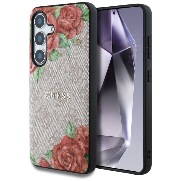 Coque Guess Leather 4G Flowers Print Metal Classic Logo MagSafe Samsung Galaxy S25 case pink