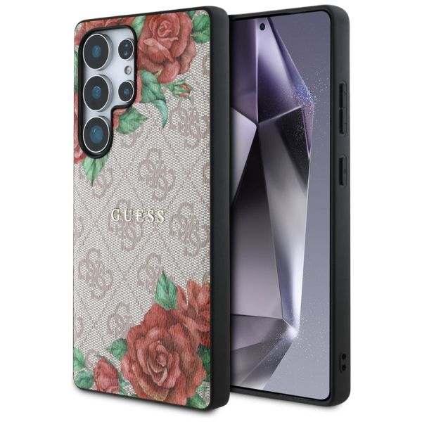 Coque Guess Leather 4G Flowers Print Metal Classic Logo MagSafe Case Samsung Galaxy S25 Ultra pink