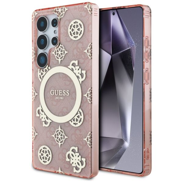 Coque Guess 4G Background Gold Electroplated Peony Pattern MagSafe for Samsung Galaxy S25 Ultra Pink