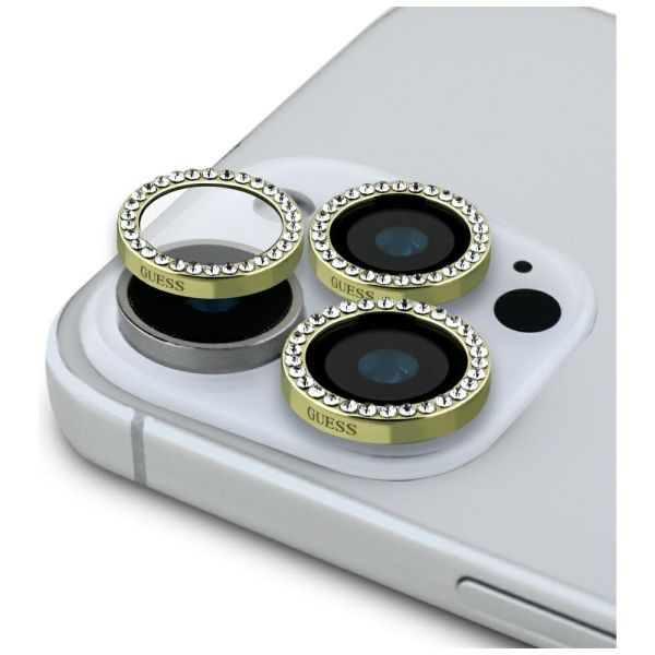 Coque Camera lens glass Guess Rhinestone for iPhone 16 Pro / 16 Pro Max gold