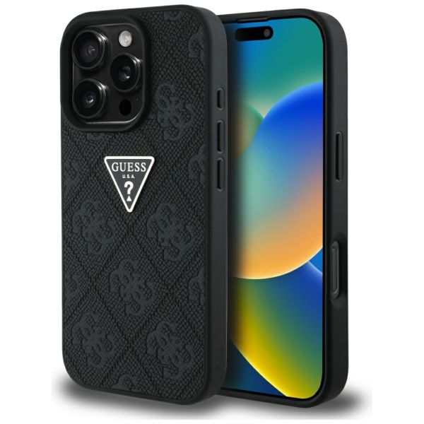 Coque Guess Hot Stamp 4G Pattern Triangle Metal Logo for iPhone 16 Pro Max black