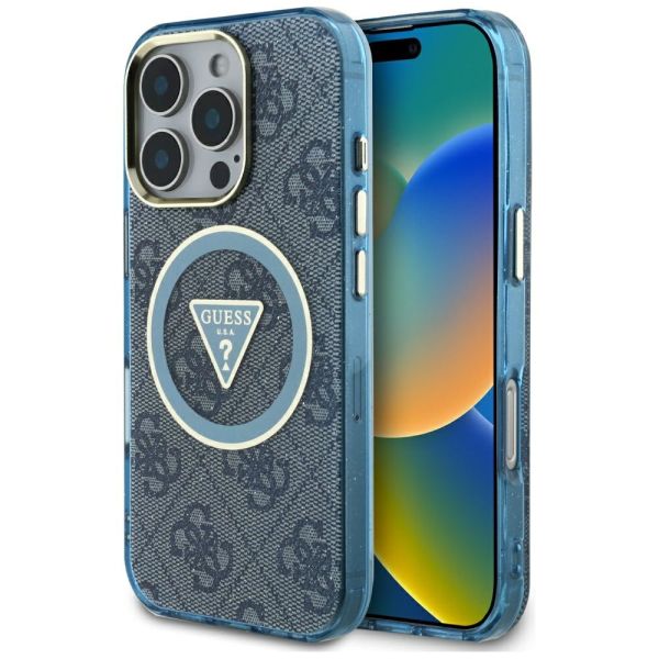 Coque Guess IML Metal Glitter 4G Circle Triangle MagSafe for iPhone 16 Pro Max blue