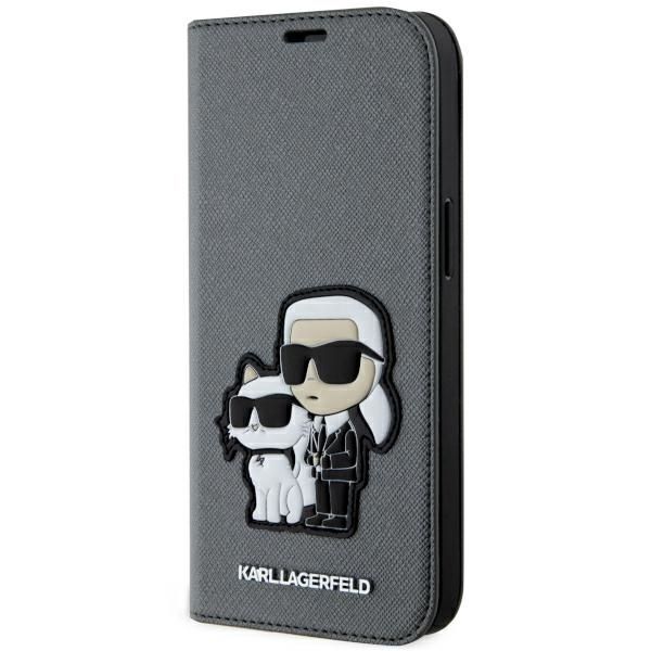 Coque Karl Lagerfeld KLBKP14SSANKCPG iPhone 14 / 15 / 13 6.1" bookcase silver Saffiano Karl & Choupette