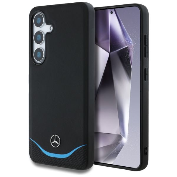 Coque Mercedes Leather Contrasted Blue Horizontal Curve MagSafe case for Samsung Galaxy S25 black